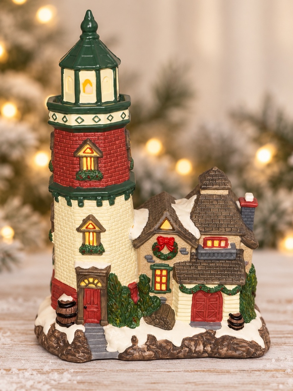 Midwestern Home Lighted Porcelain Lighthouse Christmas Village 10.5”